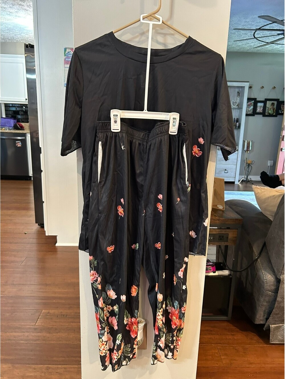 Black Floral Print Two-Piece Lounge Set - Size Small